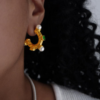 Emerald & Pearl C-Hoop Earrings