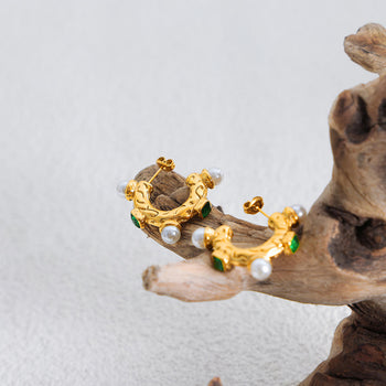 Emerald & Pearl C-Hoop Earrings