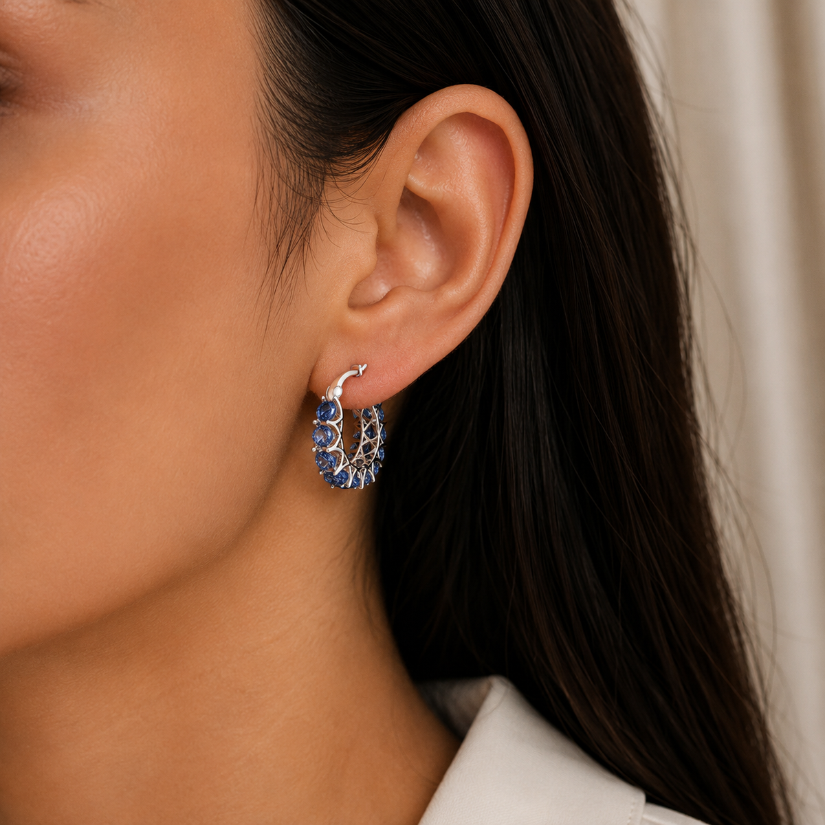 Blue Crystal Silver Base Bali Earrings